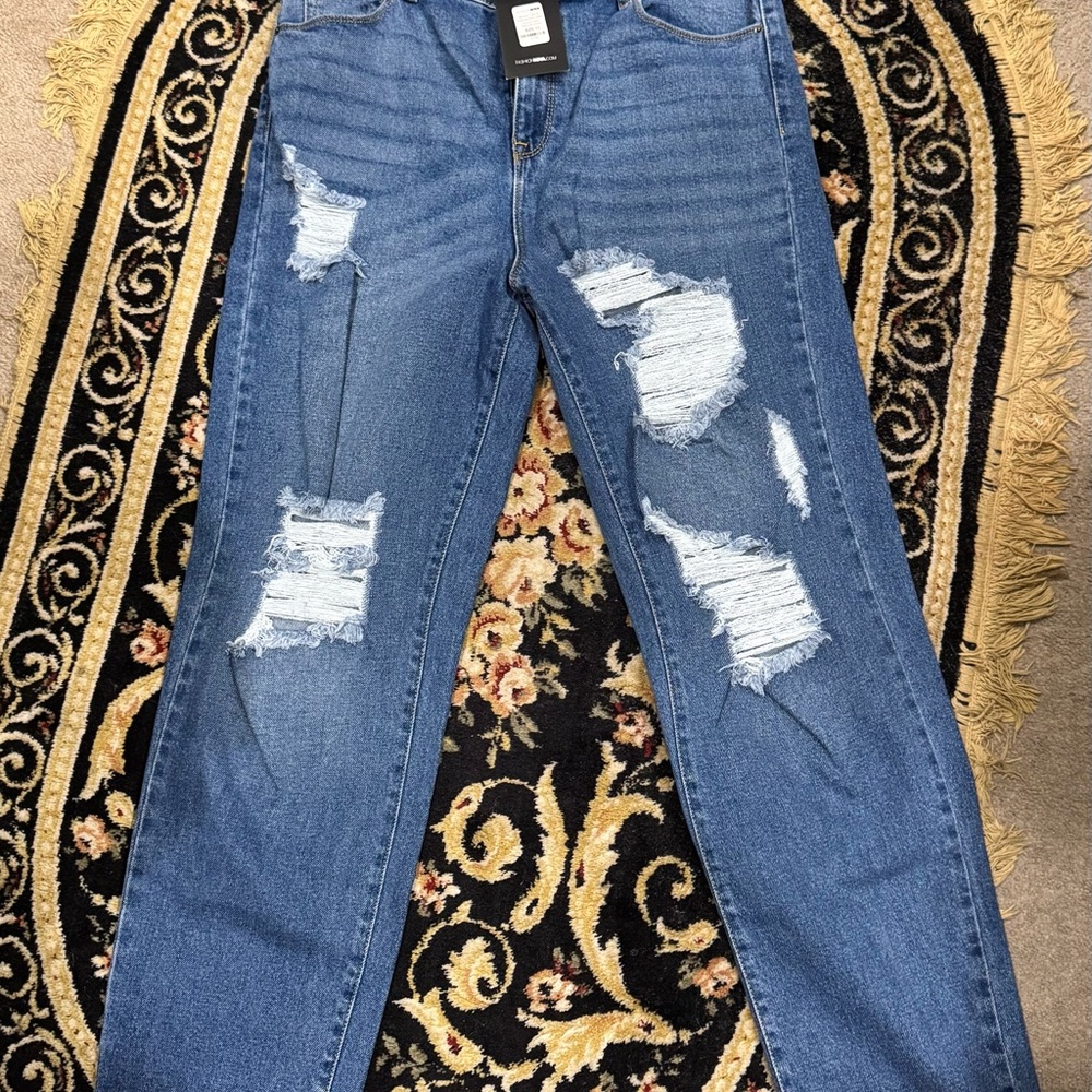 Fashion Nova Ripped Blue Straight Leg Jeans